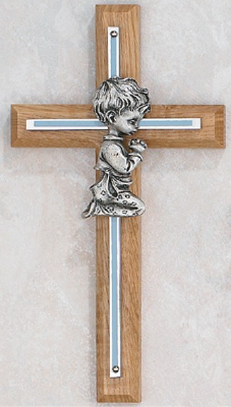 Oak and Silver Overlay Praying Boy Baptism Cross